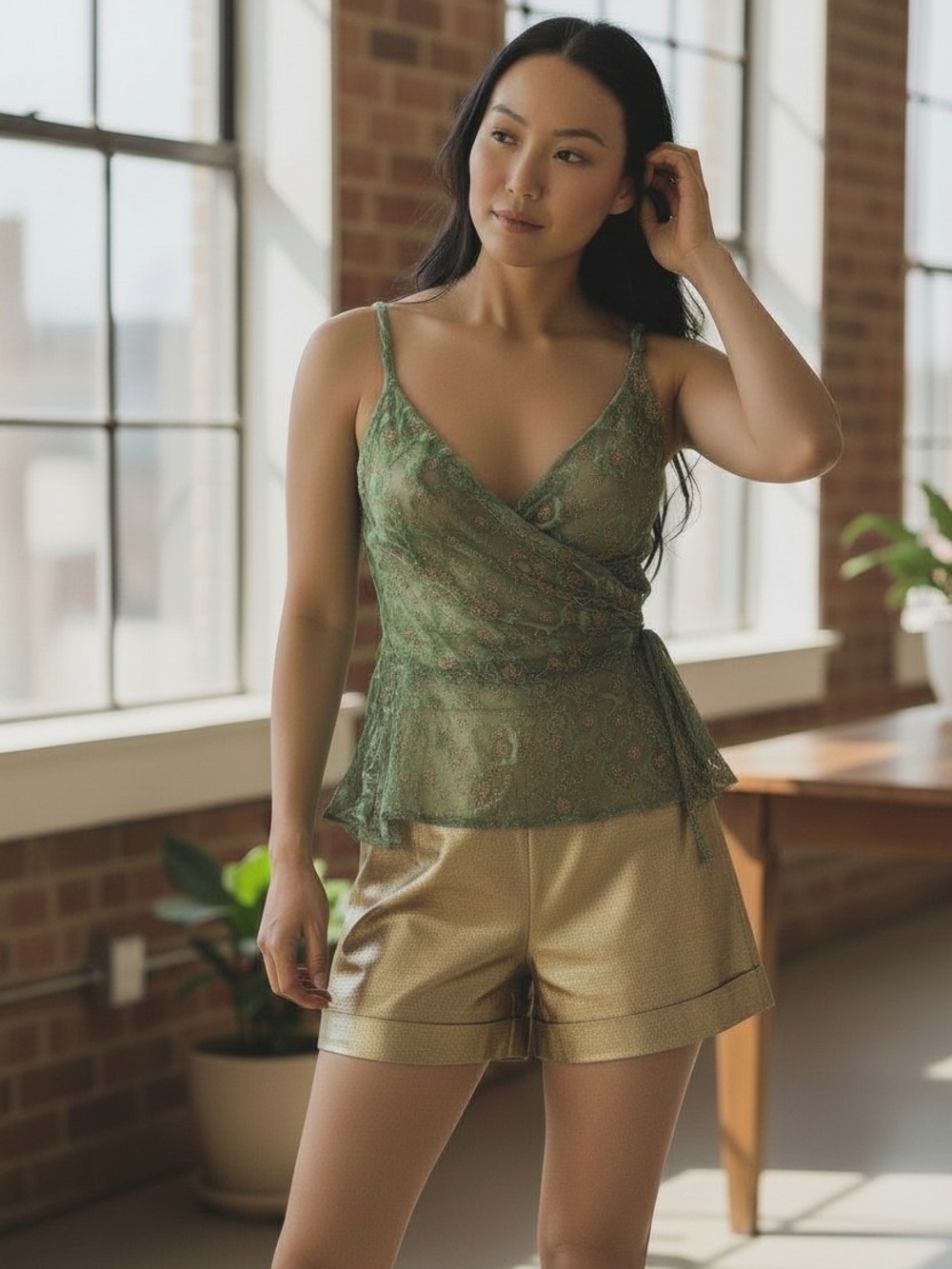 Milly Mint Green Gold Burnout Velvet Wrap Cami Top Sz S Y2K Boho Luxury